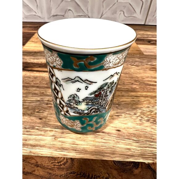 Vintage Hand Painted Imari Japan Lidded Yunomi Tea Cup & Saucer Turquoise Gold - Picture 3 of 9